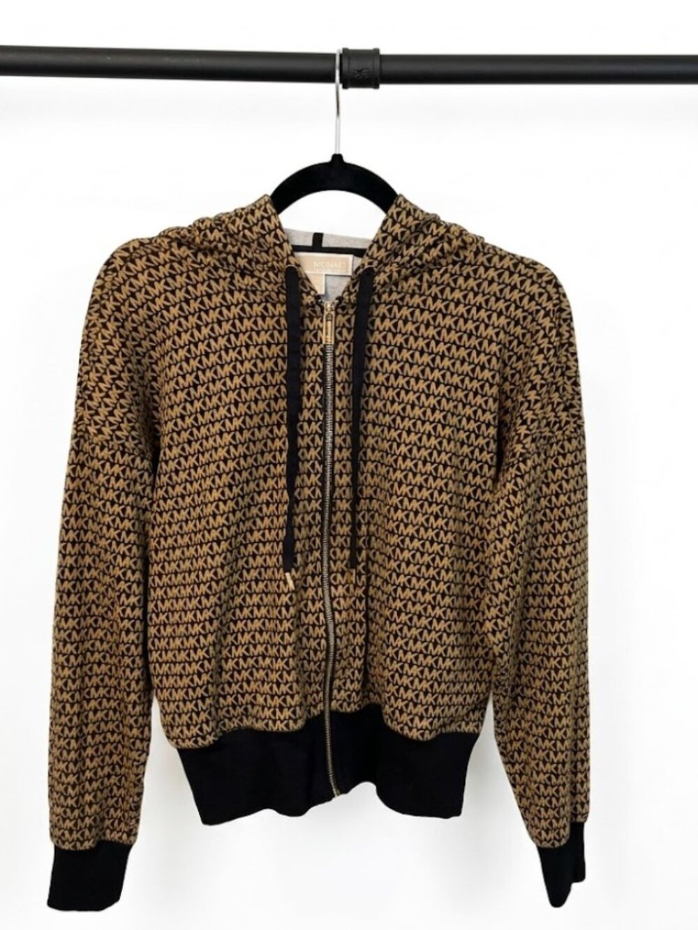 MICHAEL Michael Kors Logo Print Zip-Up Hoodie – Black/Dark Camel – Size Small